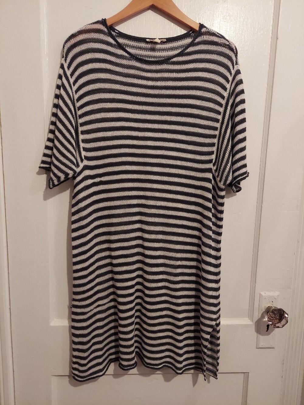 Eileen Fisher Organic Linen Knit Stripe Round Neck Elbow Sleeve Tunic Top XLarge